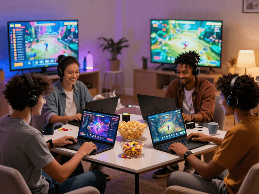 Friends enjoying a gaming night with vin88 com casino interface surrounded by snacks and vibrant lights.
