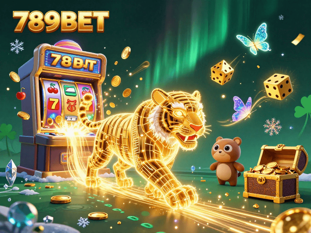 Experience exciting wins with 789BET: a dynamic casino scene featuring a glowing tiger and jackpot slots.