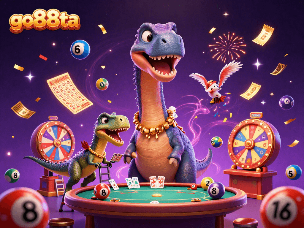 Engage with go88ta's exciting casino world with a brontosaurus and raptor dealing cards.