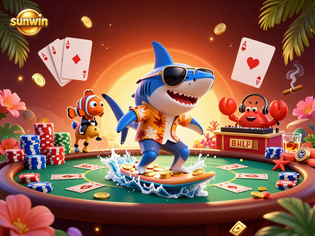 Experience sunwin excitement with a shark surfing on gold coins amid vibrant casino elements.