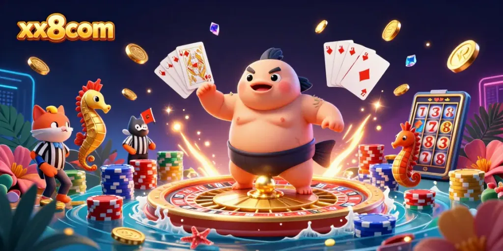 Watch the fugu champion play at xx8com with sparking gems and cascading coins.