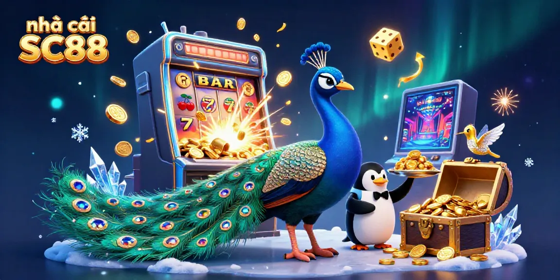 Experience the vibrant offerings of nhà cái SC88 with a captivating 3D casino illustration of games and characters.