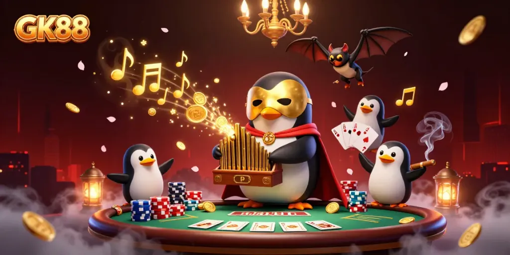 Experience thrilling gaming with GK88 through a vibrant casino scene featuring a masked penguin playing a golden organ and poker elements.