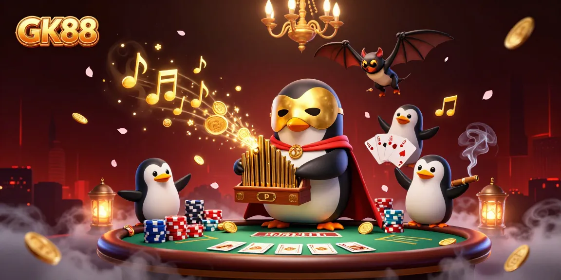 Experience thrilling gaming with GK88 through a vibrant casino scene featuring a masked penguin playing a golden organ and poker elements.