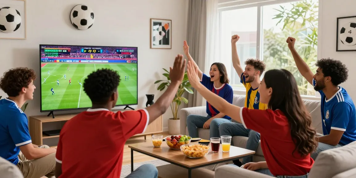 Friends enjoying a football match while watching gavangtv in a cozy living room.