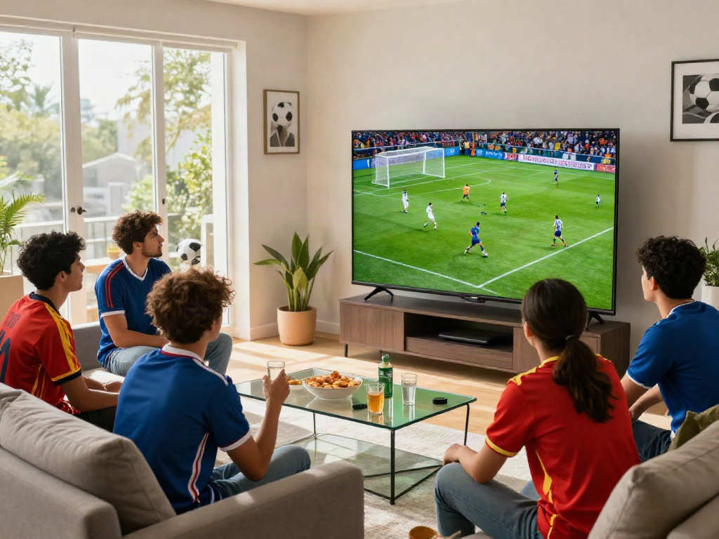 Exciting football match scene with friends watching cakhiatv highlights in a vibrant living room.
