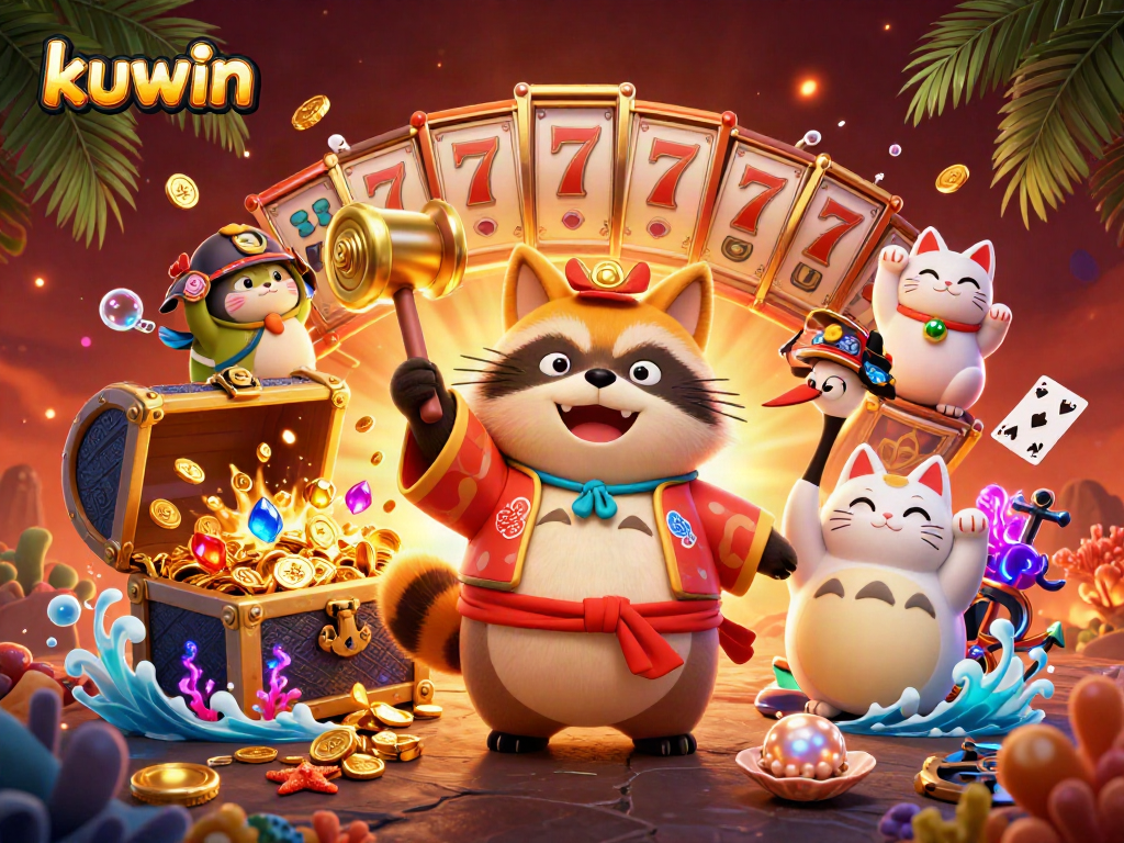 Experience kuwin at this vibrant 3D illustration of an engaging casino scene with festive characters and games.
