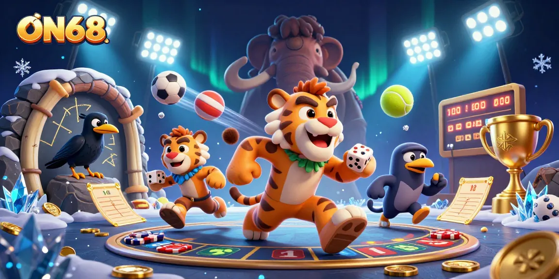 Place bets at ON68 with animated caveman and tiger duo in playful casino scene.