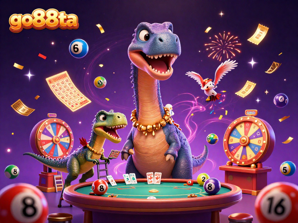 Engage with go88ta's exciting casino world with a brontosaurus and raptor dealing cards.