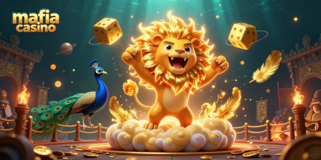 Mafias casino scene showcasing a lion, golden dice, and vibrant gambling elements