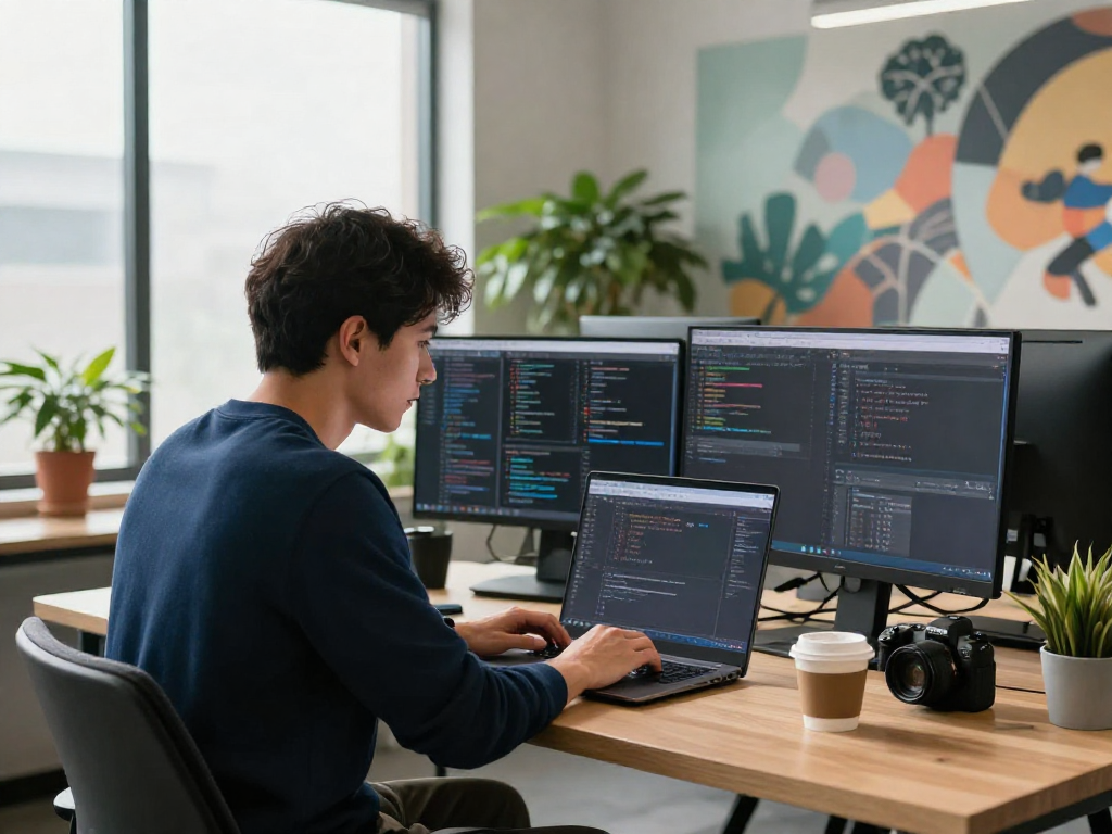 Innovative workspace with developer coding on http://debet-app.com surrounded by tech gadgets and natural light.
