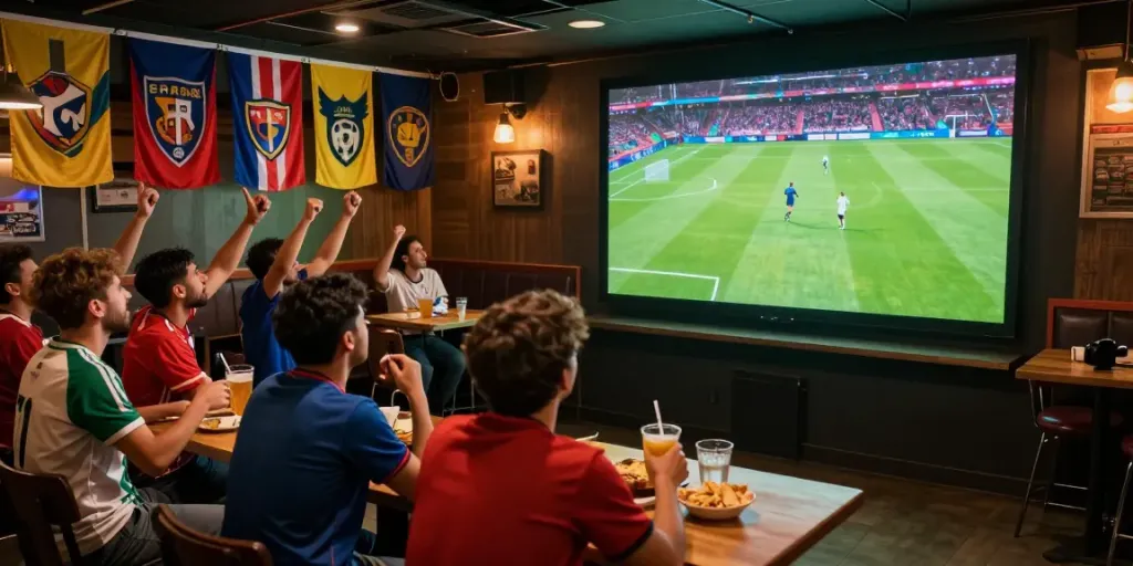 SOCOLIVE fans enjoying a live match at a sports bar with excitement.