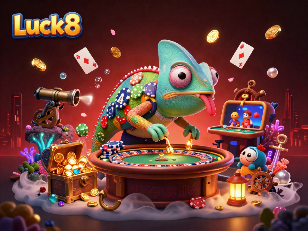 Experience the vibrant gaming atmosphere of Luck8 with a chameleon casino owner amidst an ocean of treasures.