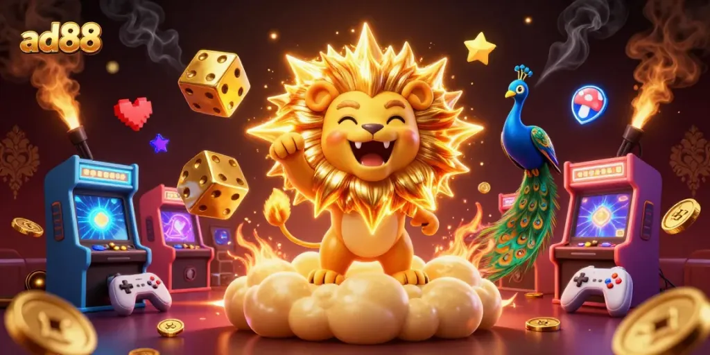 Enhance your gameplay at ad88 with dynamic 3D carnival-themed illustrations showcasing exciting casino elements.