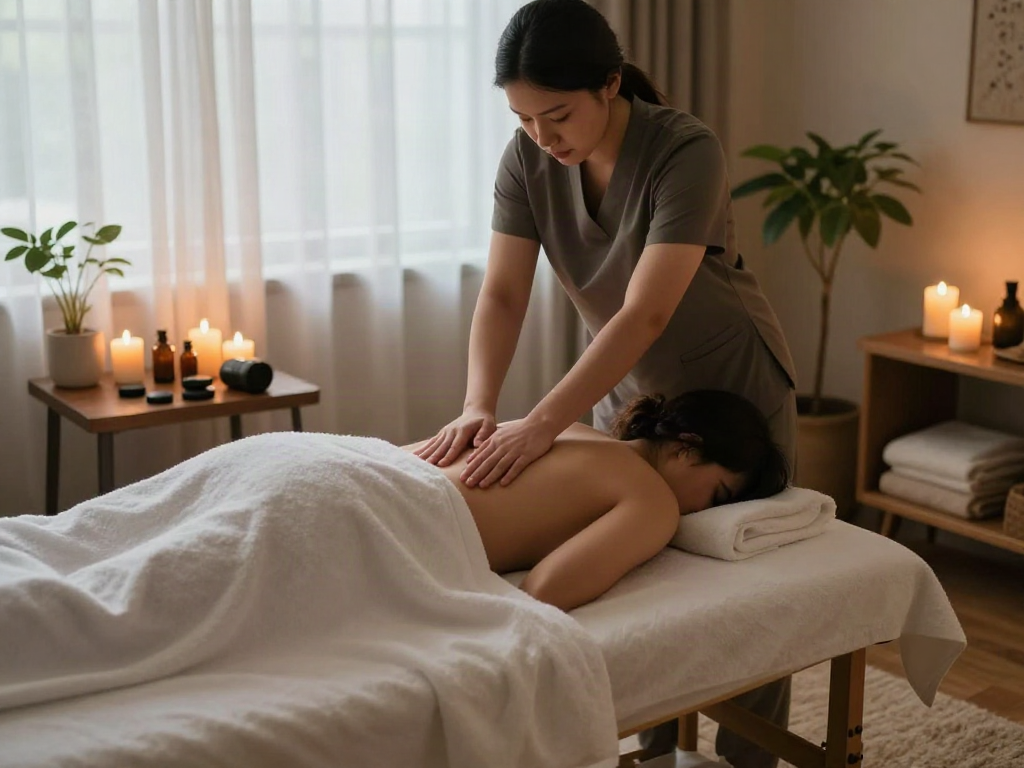 Relaxing 용인출장마사지 experience in a serene home environment with a calming atmosphere.