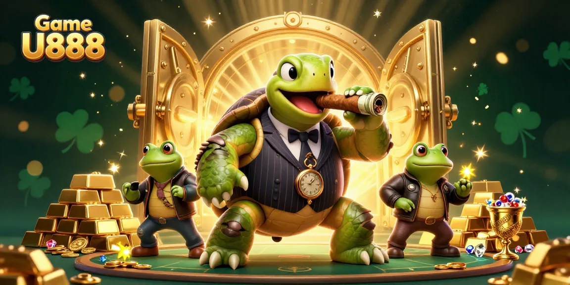 Witness Game U888's vibrant casino scene with a turtle mobster and winning treasures.