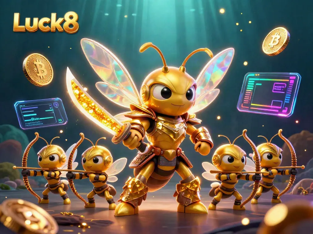 Luck8's dynamic illustration showcasing a golden hornet samurai amidst crypto coins and vibrant casino elements.