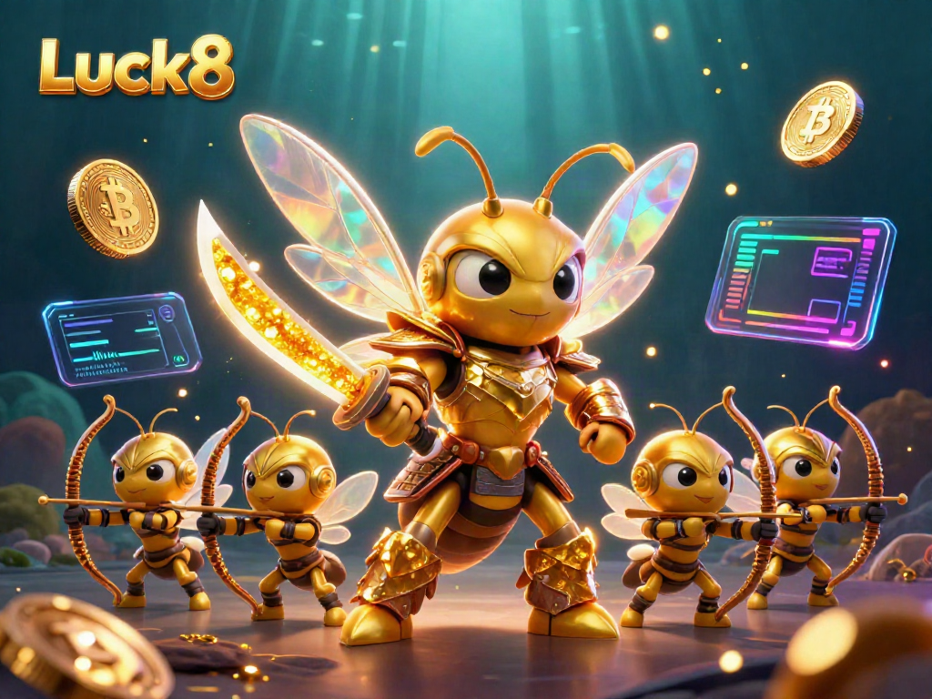 Luck8's dynamic illustration showcasing a golden hornet samurai amidst crypto coins and vibrant casino elements.