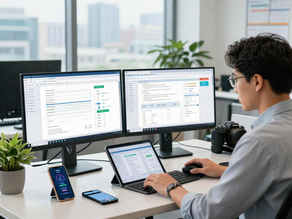 Analyst showcasing advanced document fraud detection techniques, highlighting innovative technology in a modern office.