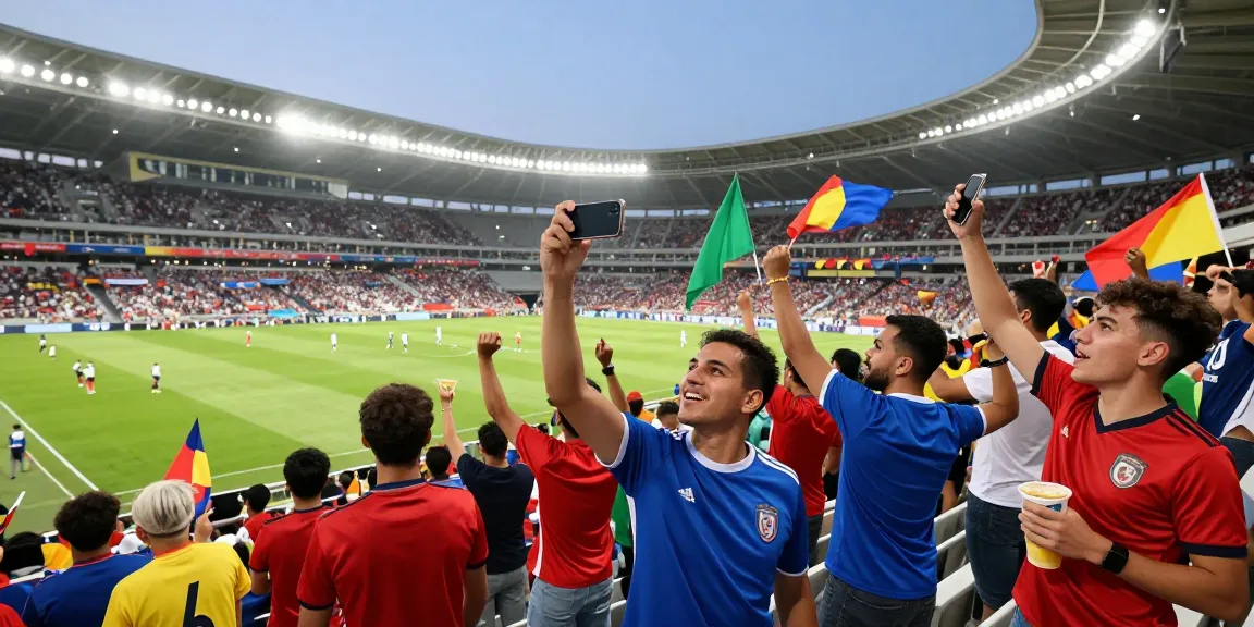 Excited fans celebrating during a live soccer match at Xoilactv, with jerseys, flags, and a vibrant stadium atmosphere.