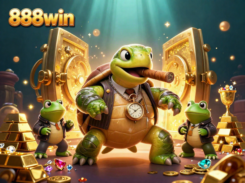 Experience the thrill of 888win with a dynamic casino scene featuring a snapping turtle and bullfrog enforcers.