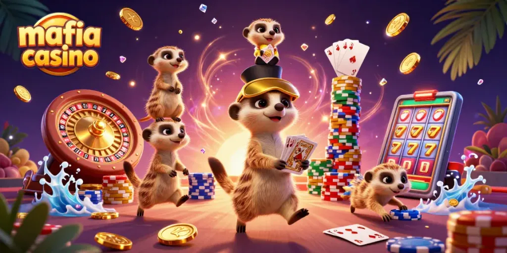 Experience the vibrant world of mafia casino with dynamic meerkats in a lively casino setting.