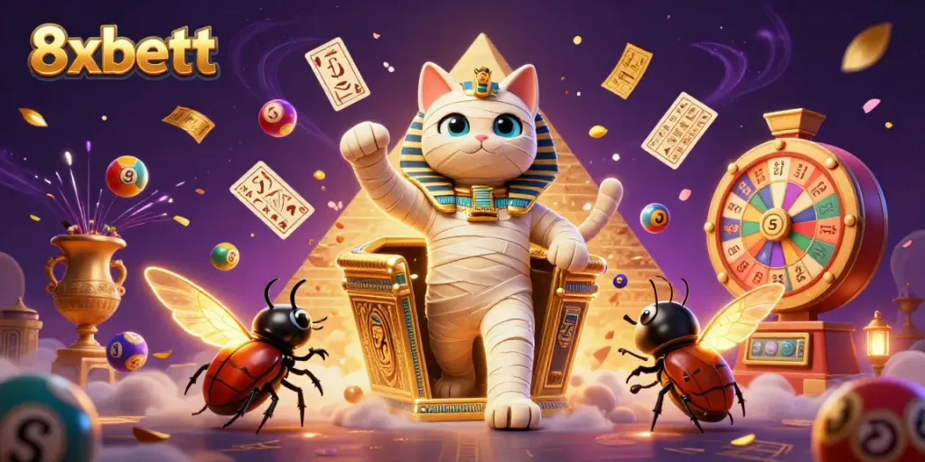 Experience 8xbett's exhilarating gaming journey with a dynamic casino-themed illustration featuring vibrant elements.