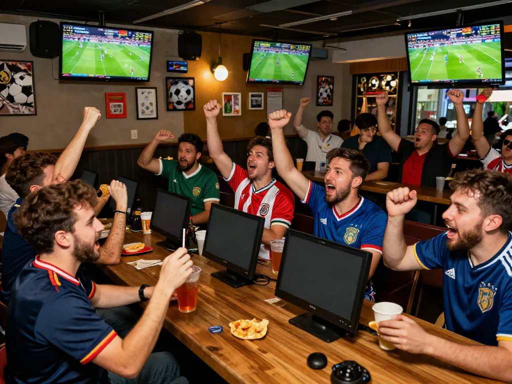 Fans enjoying a football match at GavangTV's live viewing event, surrounded by excitement and screens showcasing the game.