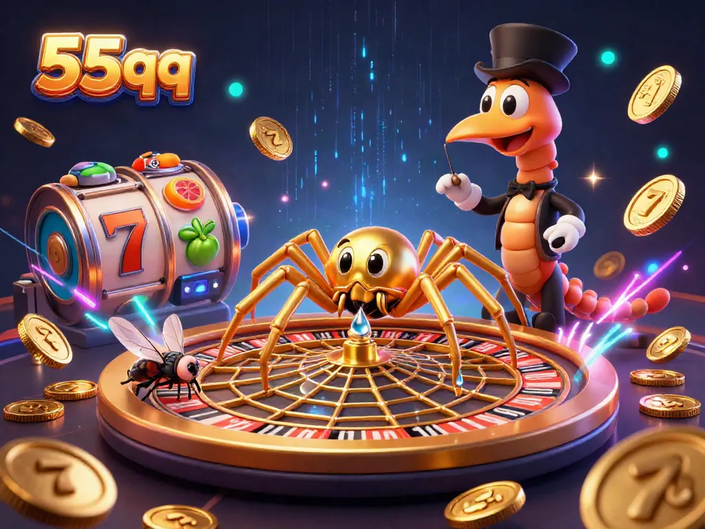 Experience thrilling gameplay with 55qq's vibrant 3D online casino elements, showcasing a golden spider and croupier.