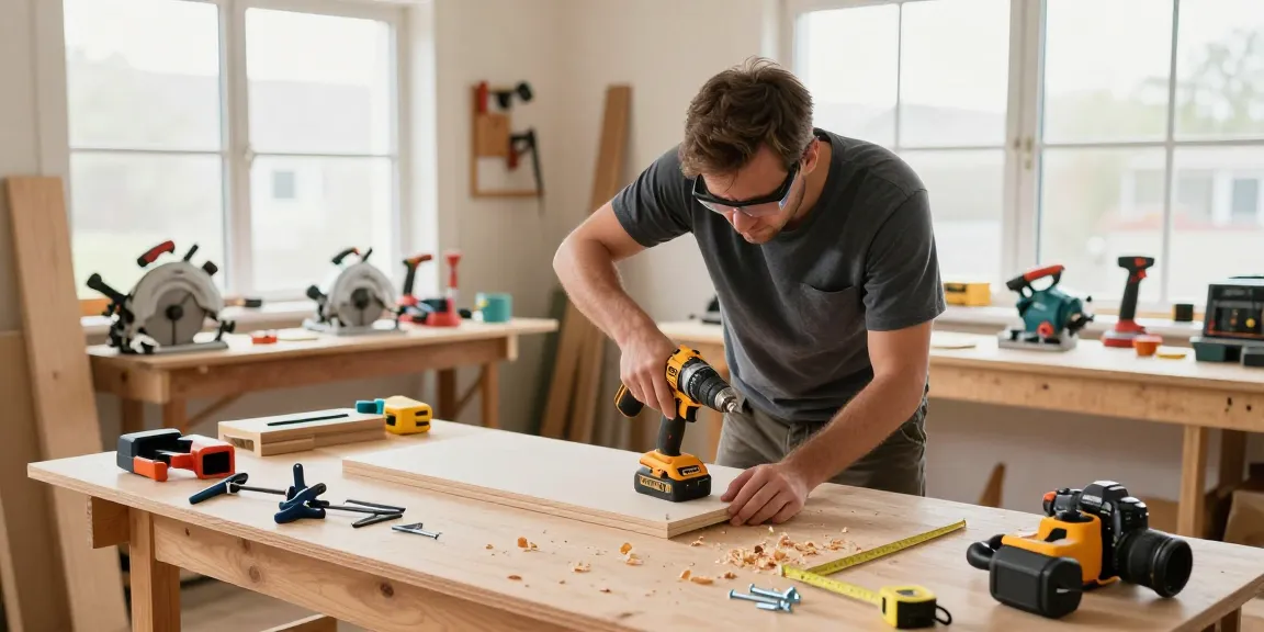 Artigiano che utilizza un avvitatore Dewalt in un laboratorio di falegnameria ben illuminato.