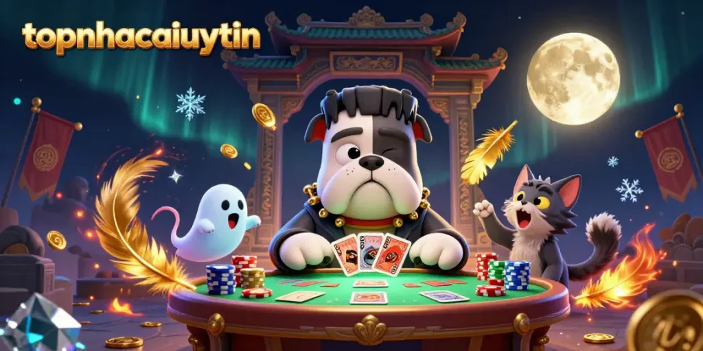 Engage with topnhacaiuytin's lively casino scene featuring a cartoon Frankenstein bulldog and dynamic gaming elements.