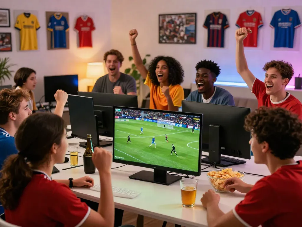 Cakhiatv streaming football match with enthusiastic fans celebrating and cheering in a lively atmosphere.