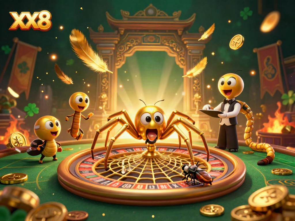 Place bets with XX8 in a thrilling roulette scene featuring a golden spider and centipede croupier.