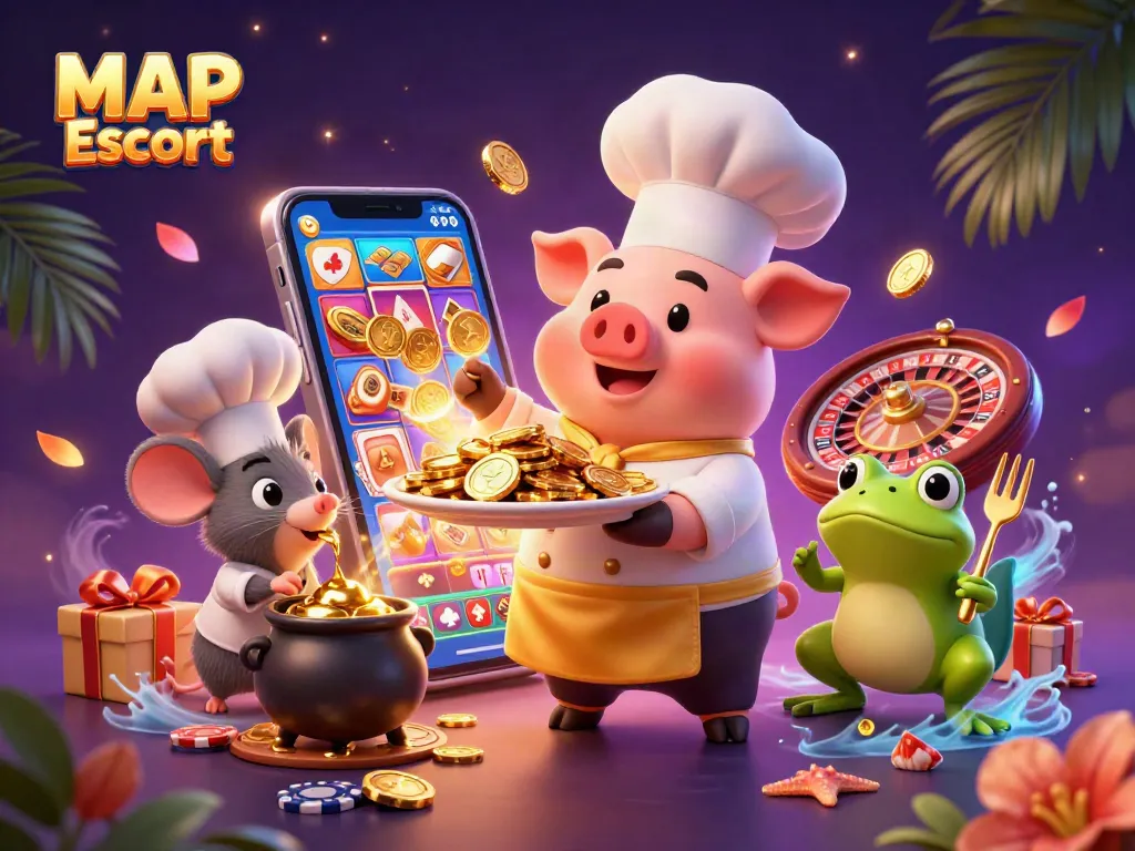 Engage with MAP Escort as a chef pig serves gold coins amid vibrant casino elements.