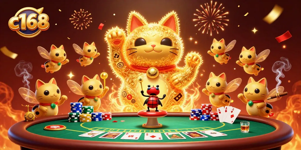 Experience the excitement of winning with c168's golden cat amidst dynamic casino elements.