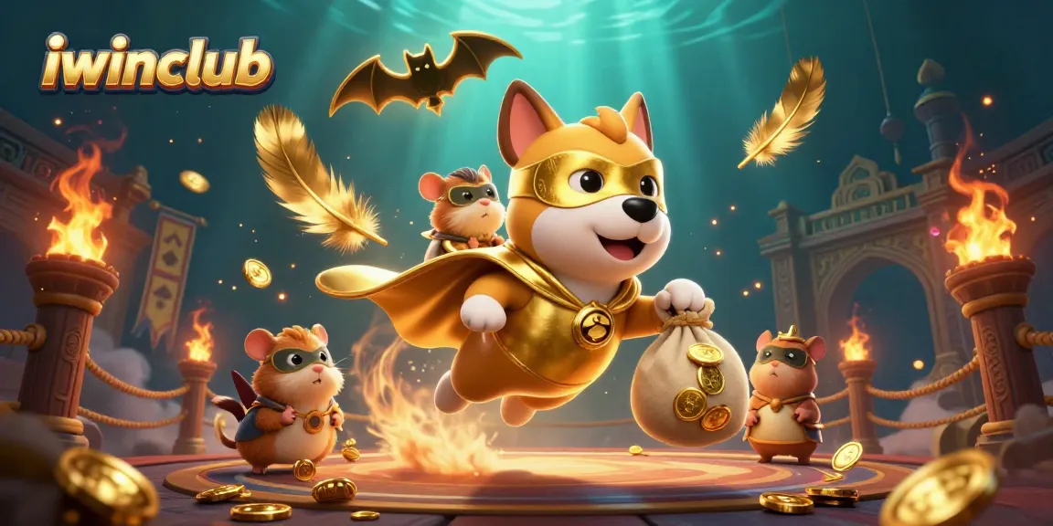 Experience thrilling gameplay with iwinclub, showcasing a superhero dog amidst dynamic casino visuals.