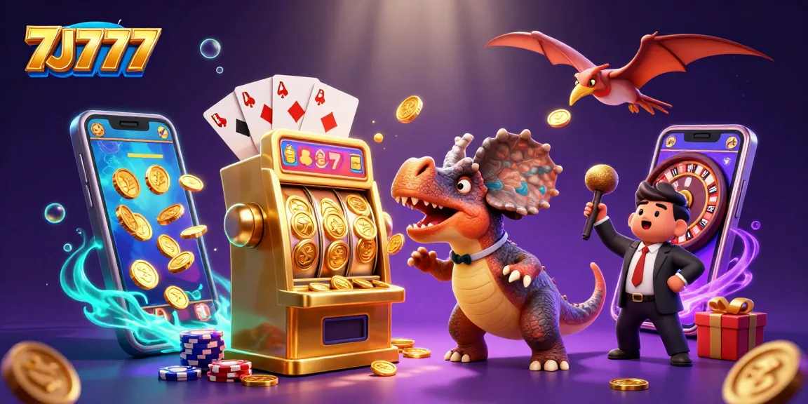 Catch jackpot coins with 7J777 in this vibrant casino-themed illustration featuring playful characters.