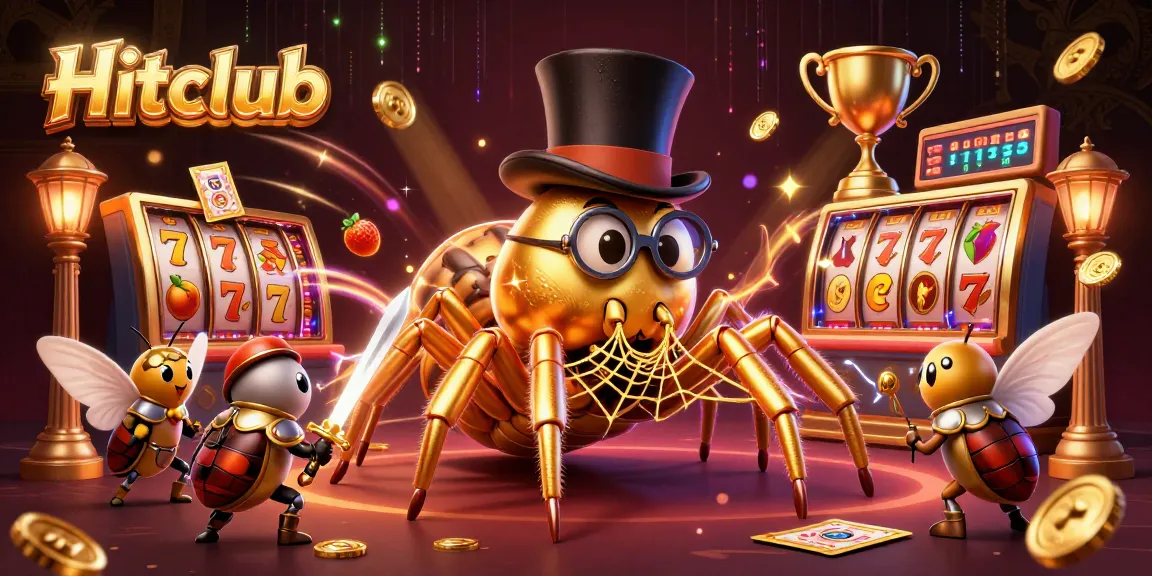 Experience the thrill of playing at Hitclub with a dynamic 3D scene showing a golden tarantula weaving a web around slot game elements.