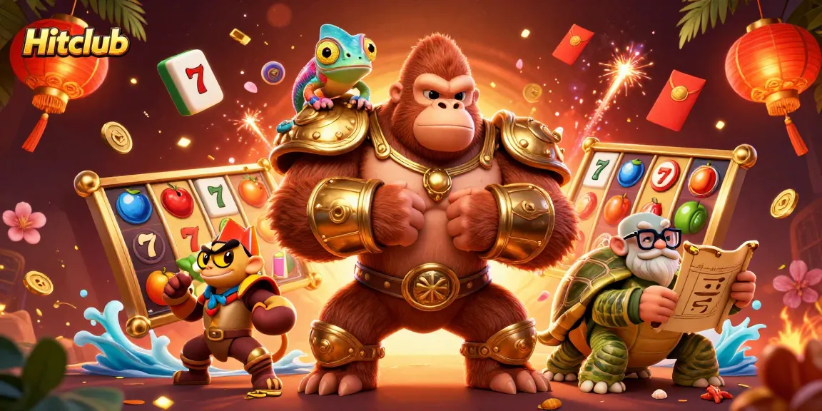 Experience thrilling gaming with Hitclub as a dynamic gorilla, chameleon, and tortoise celebrate wins.