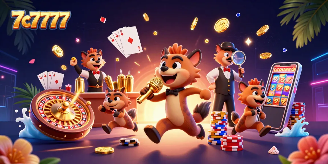 Experience the vibrant 7c7777 casino world with hyenas at a comedy club amidst dazzling game elements.
