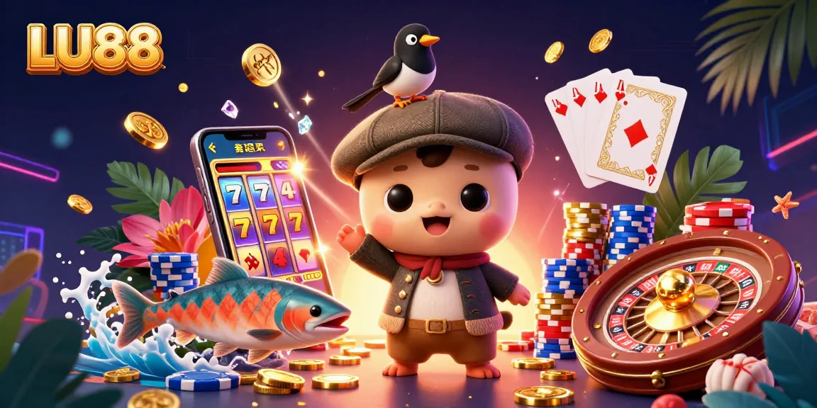 LU88 interactive gambling scene with cartoon characters and vibrant casino elements.