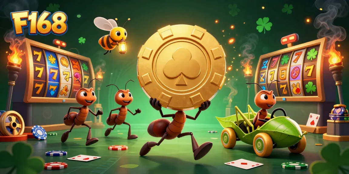 F168 ants executing a casino heist with a giant poker chip in a vibrant slot-themed scene.