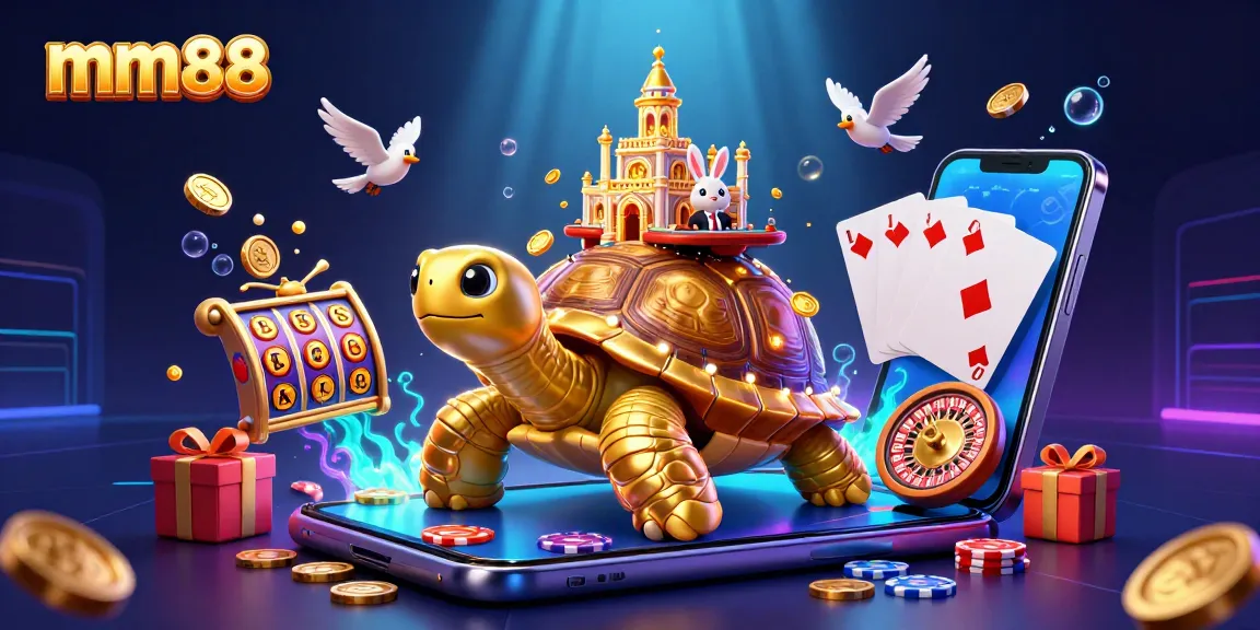 Experience immersive gaming at mm88 with a vibrant casino scene featuring a tortoise, dealer, and action-packed games