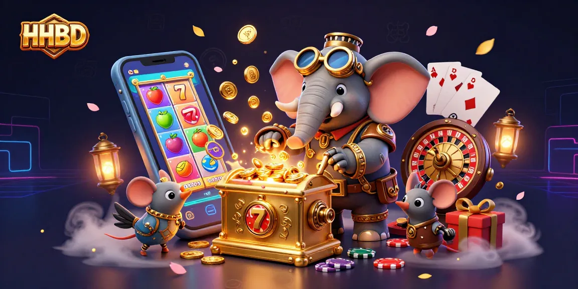 Spin the HHBD slot machine with a steampunk elephant amidst vibrant casino elements.
