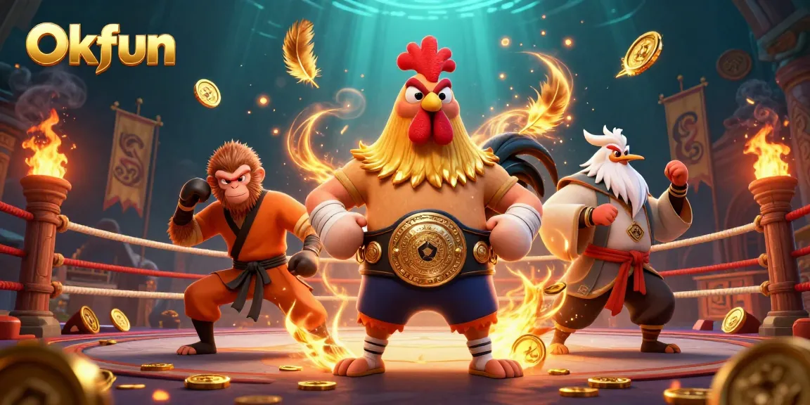 Okfun offers a vibrant casino scene featuring dynamic characters amidst golden coins and betting tokens.
