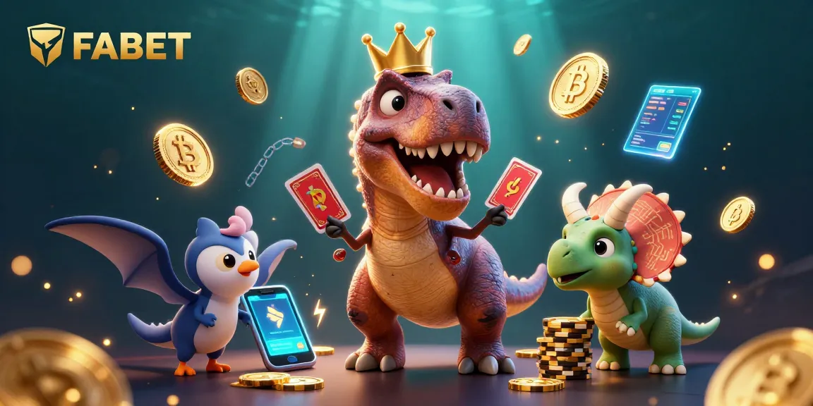 Experience thrilling gameplay at FABET with a friendly T-Rex and vibrant casino elements.