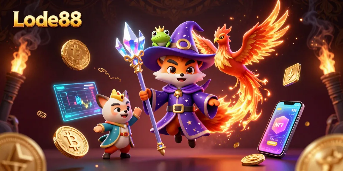 Engage with Lode88 in a mystical casino world featuring a wizard, phoenix, and vibrant cryptocurrency elements.