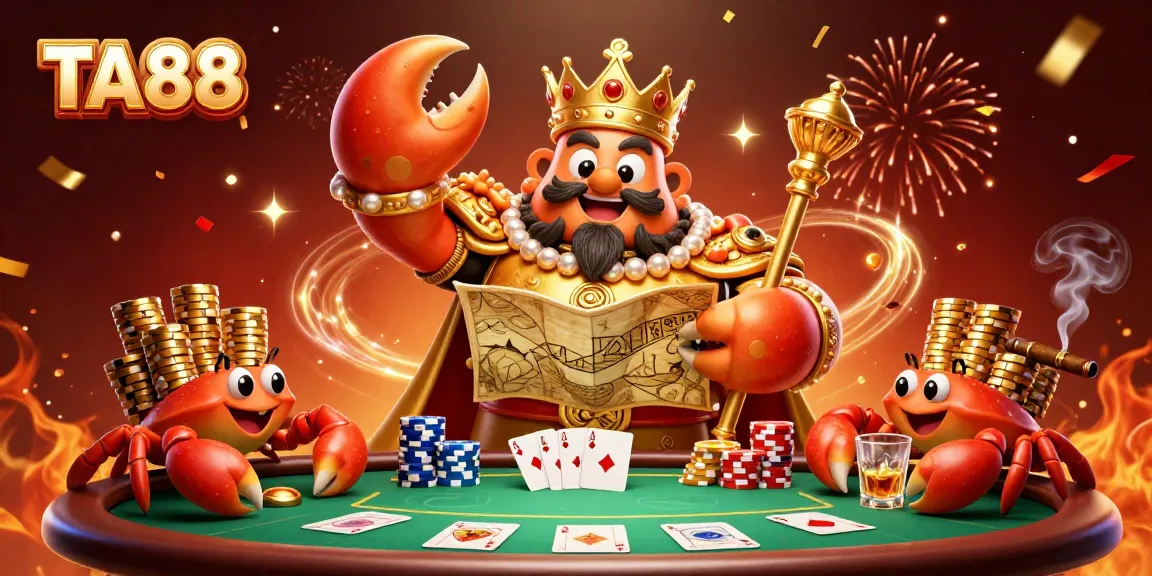 TA88 showcases a vibrant casino scene with a golden crab emperor and poker elements.