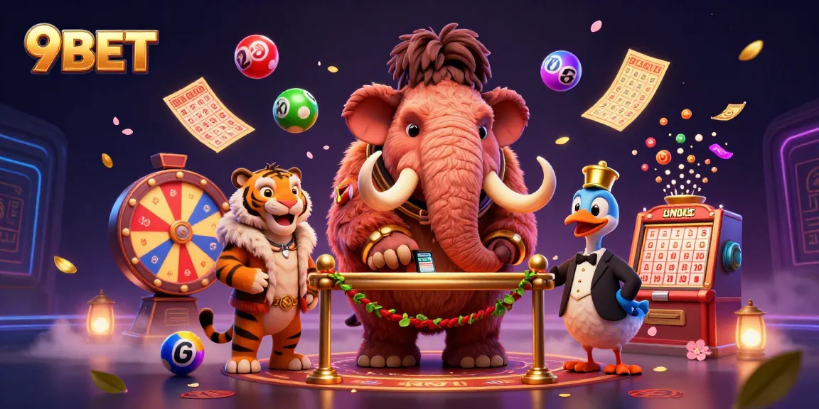 Experience the excitement of 9BET with engaging colorful lottery elements in a dynamic casino scene.