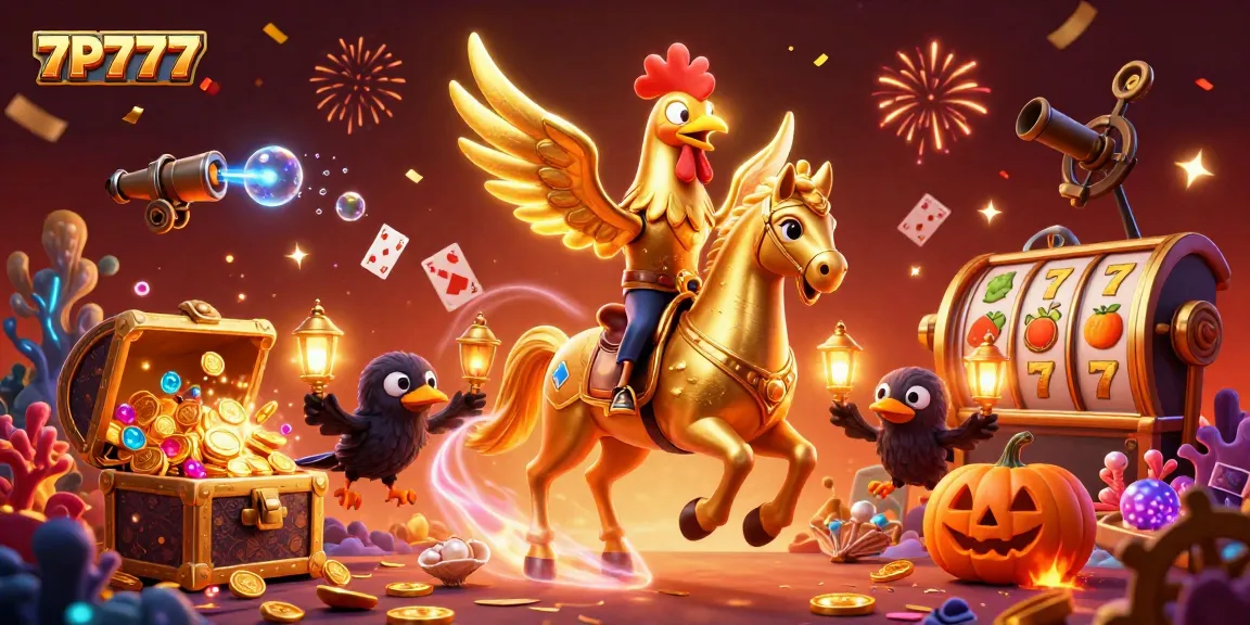 Experience winning action at 7P777 in a magical casino scene with golden rooster and treasures.